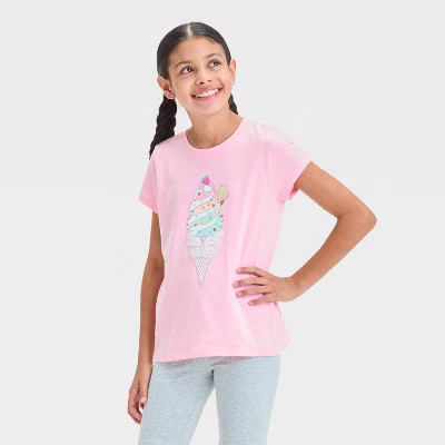 Girls' Short Sleeve Ice Cream Graphic T-Shirt - Cat & Jack™ Pink XL Plus: Cotton Blend, Relaxed... | Target