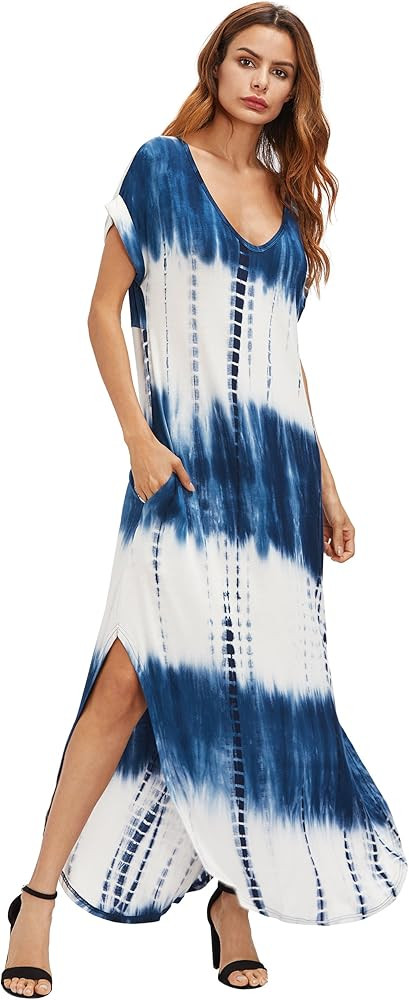 MakeMeChic Women's Boho Maxi Short Sleeve Split Pockets Tie Dye Long Dress | Amazon (US)