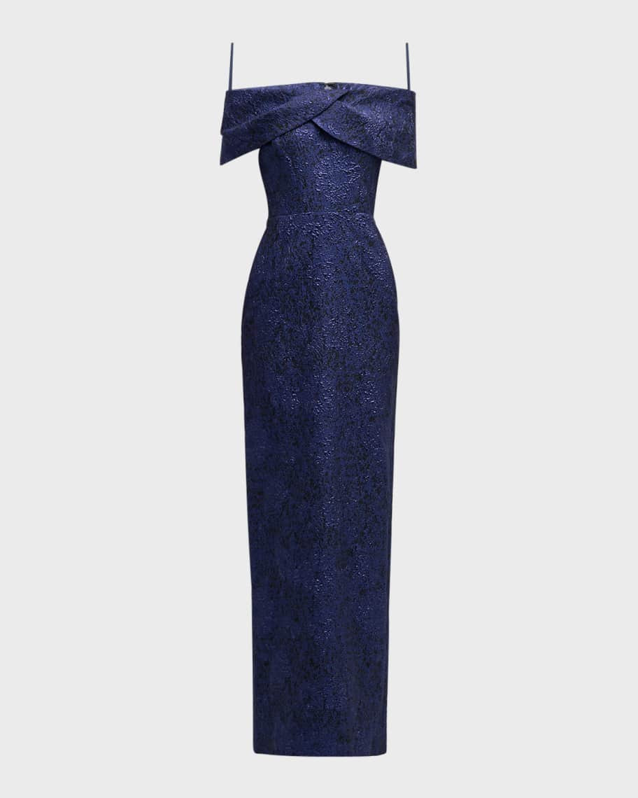 Rickie Freeman for Teri Jon Off-Shoulder Jacquard Column Gown | Neiman Marcus