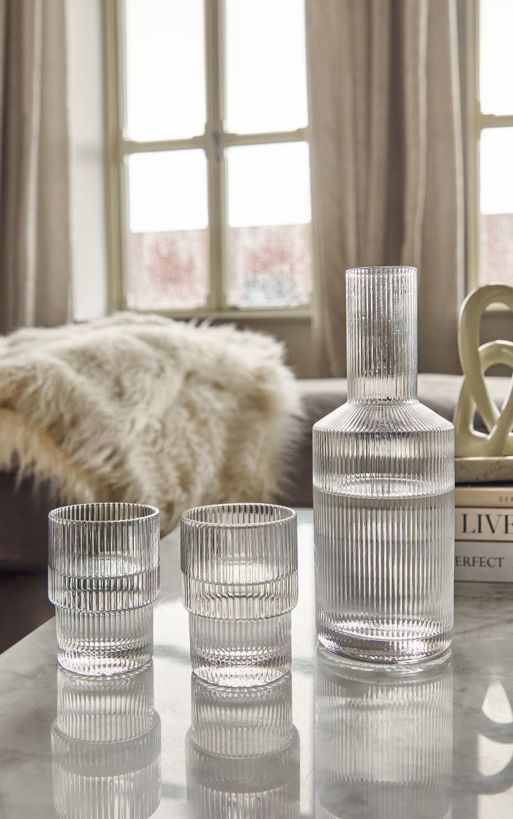 Clear Ribbed Glass Drink 3 Piece Set | PrettyLittleThing UK