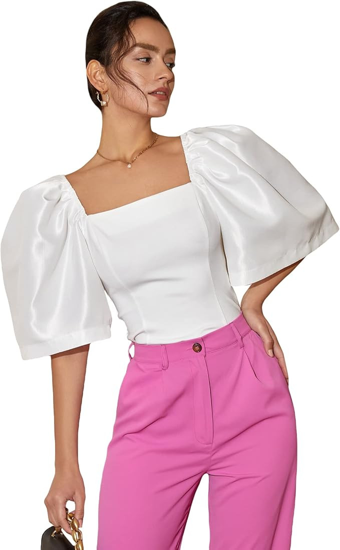 Floerns Women's Square Neck Puff Short Sleeve Elegant Blouse Crop Top | Amazon (US)