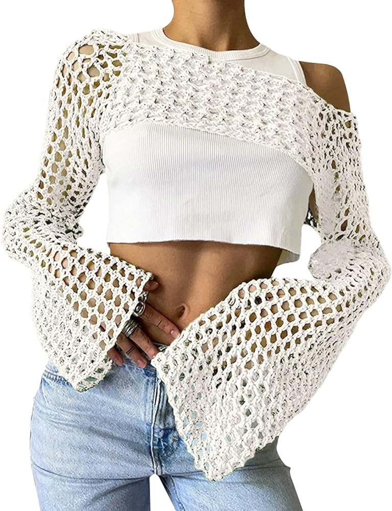 PICPUNMAK Women Grunge Crochet Knit See Through Crop Tops Cover Up Shrug Long Sleeve Crew Neck Ca... | Amazon (US)