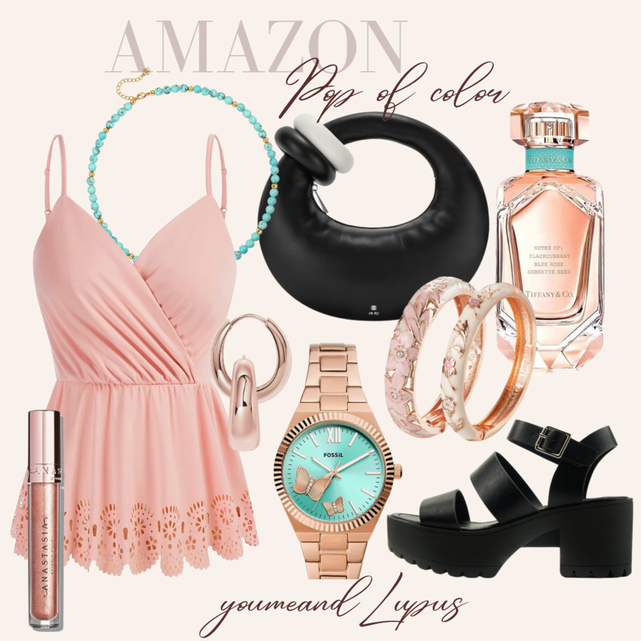 Amazon pop of color, rose gold bangles, Tiffany perfume, black sandals, rose gold hoop earrings, lip gloss, Fossil watch, v-neck sleeveless top, Abacus bag, necklace, YoumeandLupus, v-neck sleeveless top

#LTKFind #LTKSeasonal #LTKstyletip