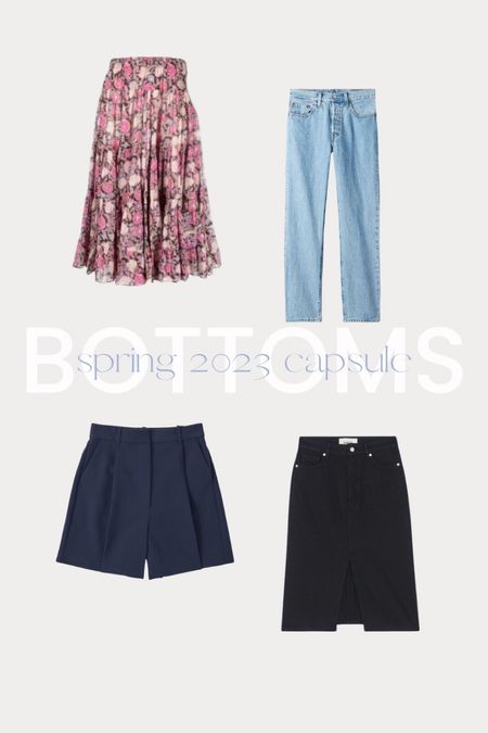 Spring capsule wardrobe, floral skirt, straight leg jeans, navy tailored shorts, midi denim skirt 