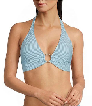 Lilly Pulitzer Ketos Capri Blue Seersucker Stripe Gold Ring Hardware Triangle Halter Swim Top & B... | Dillard's