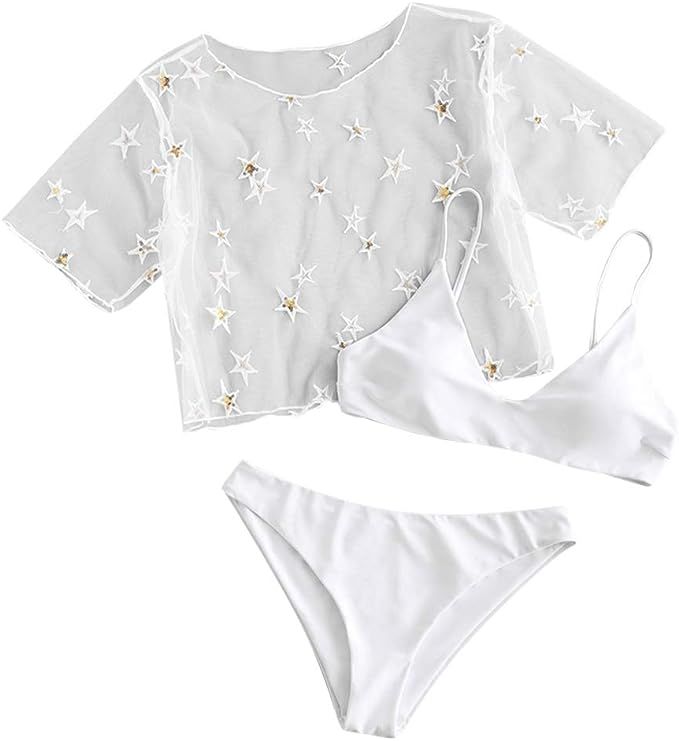 ZAFUL Women's Solid Spaghetti Strap Bralette Bikini Set Two Piece Swimsuit | Amazon (US)