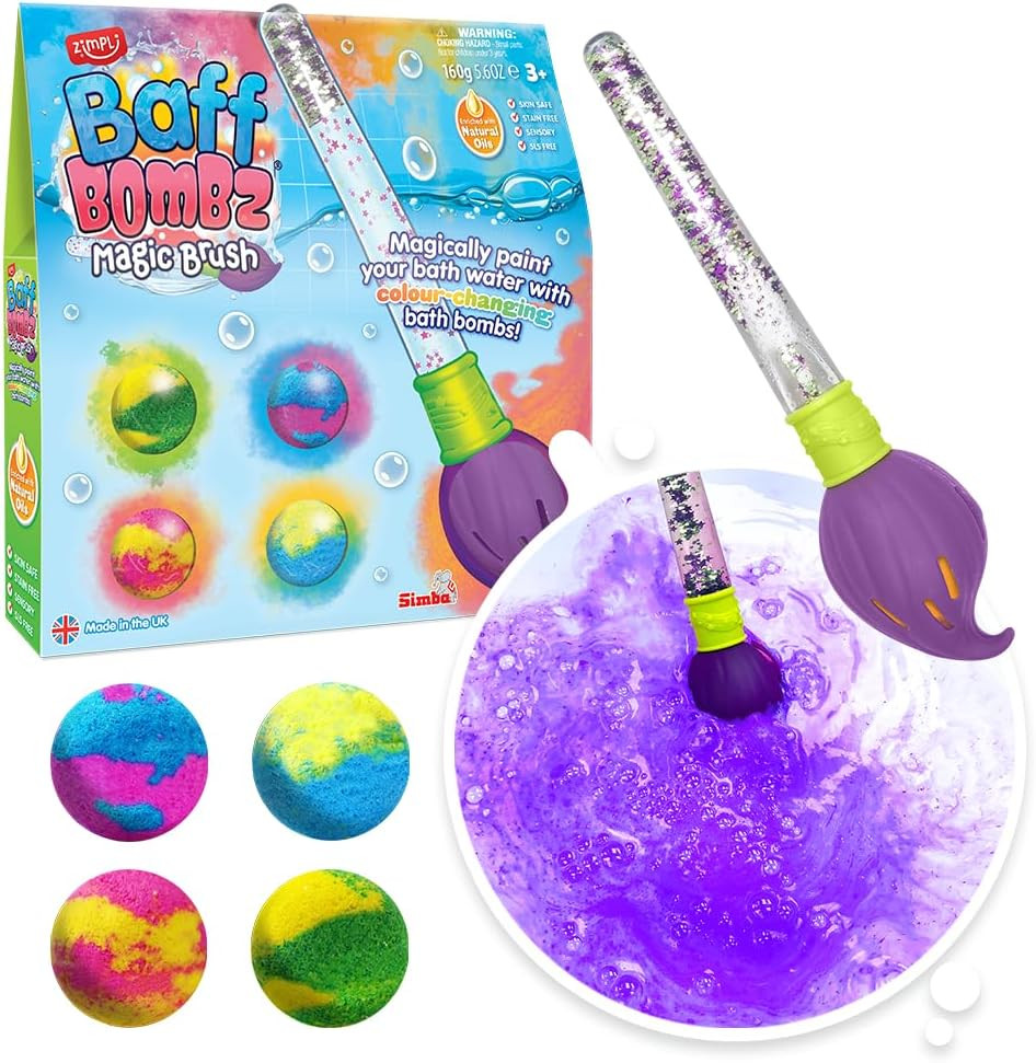 ZIMPLI - Baff Bombz Magic Brush, 4 x Bath Bombs, Magic Wand, Magically Paint Your Bath Water with This Creative Toy for Children, Re-Fill Packs Available in 4's, 12's or 20's in Our ZIMPLI - Store | Amazon (UK)
