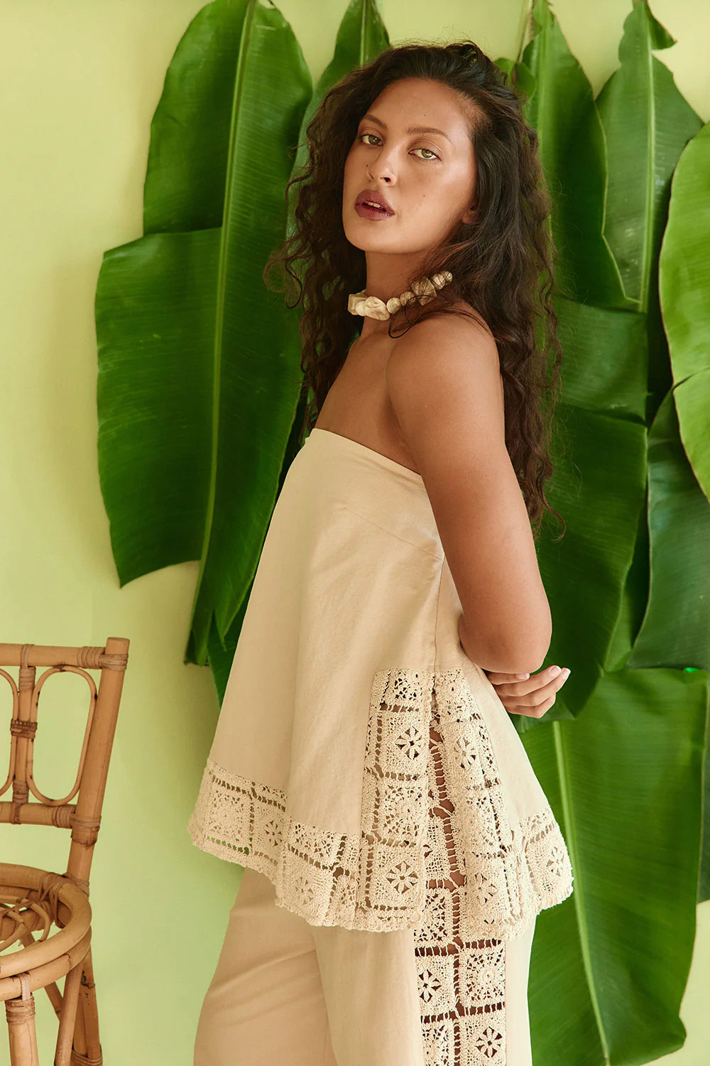 Beige Lace Panel Strapless Babydoll Reya Top | Sabo Skirt US