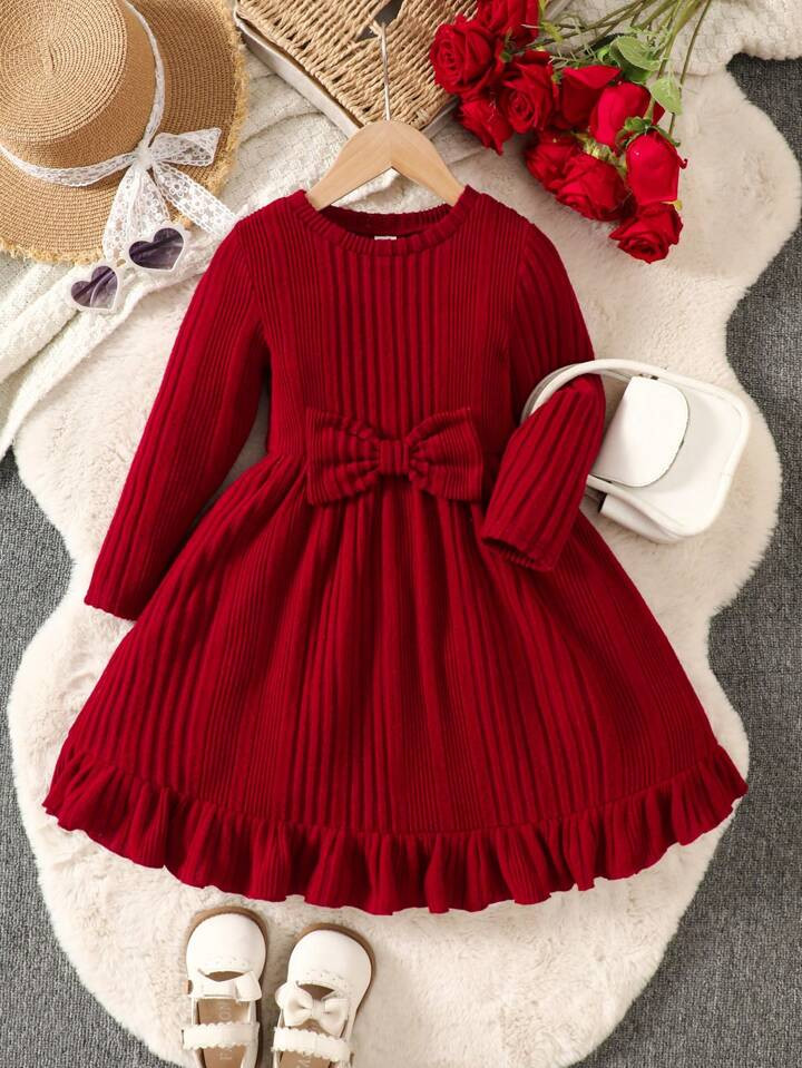 Young Girl Knit Solid Color Round Neck Bowknot Decor Long Sleeve Pit Dress,Suitable For Spring An... | SHEIN