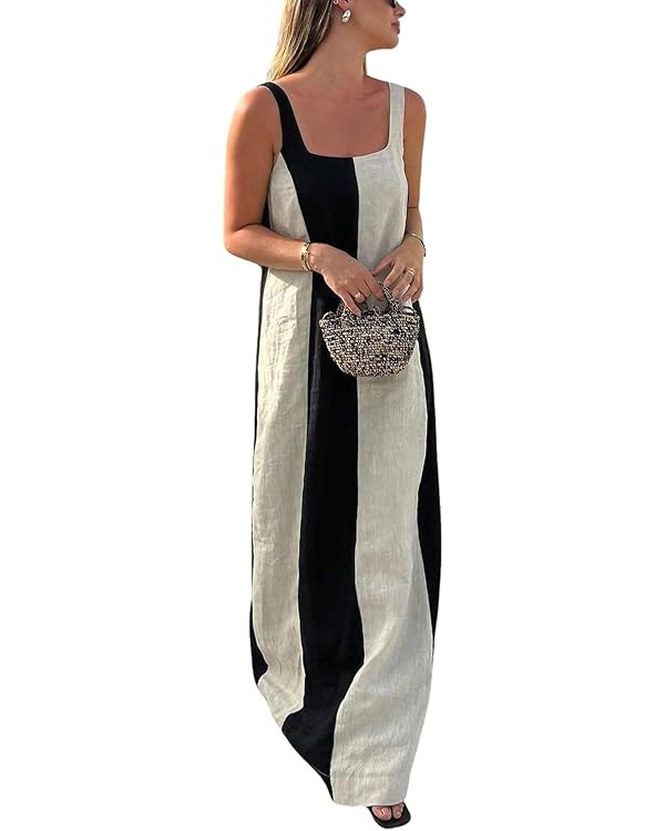 CHARTOU Women Summer Sleeveless Linen Dress Contrast Color Maxi Long Beach Vacation Tank Dress (S... | Amazon (US)