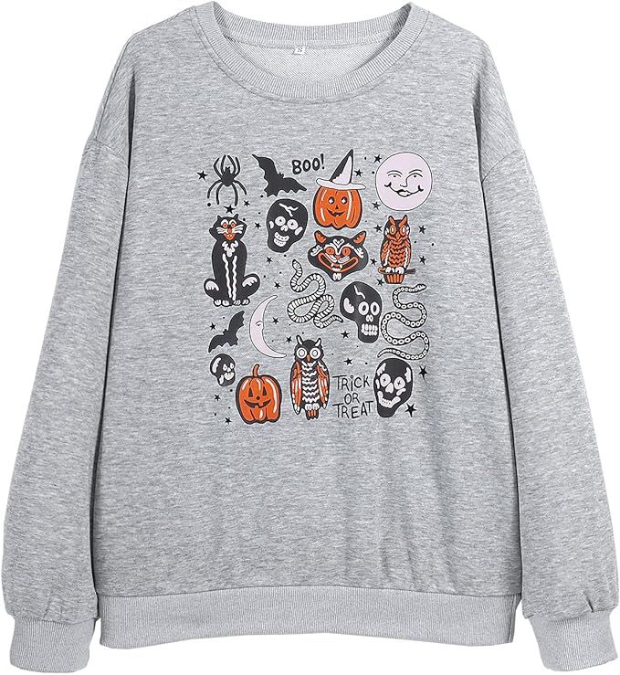 Womens Halloween Sweatshirt Pumpkin Long Sleeve Funny Skeleton Graphic Teens Crewneck Pullover Vi... | Amazon (US)
