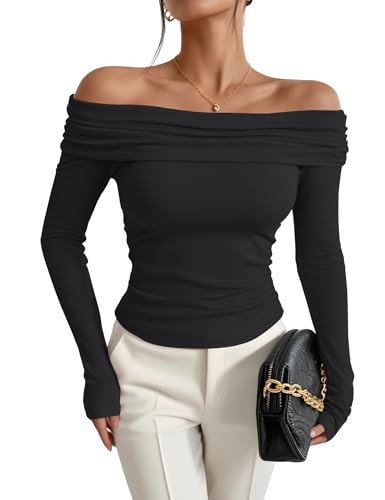 Women's Sexy Off Shoulder Tops Dressy Casual Slim Fit Long Sleeves Spring Fall Blouse Going Out Nightout Shirt(Black,M) | Amazon (US)
