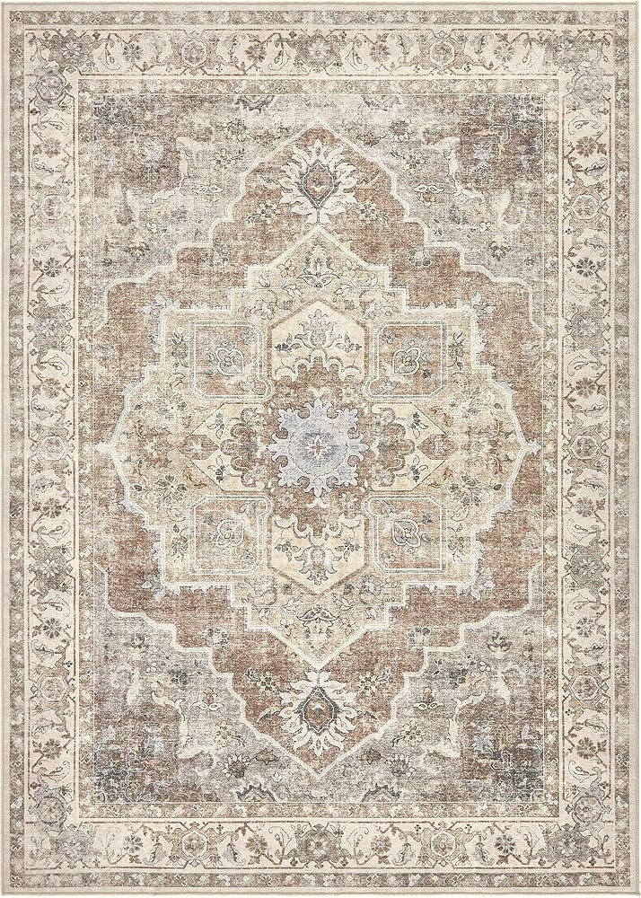 Area Rug for Living Room: 9x12 Washable Vintage Neutral Soft Non Slip Thin Large Floor Carpet for... | Amazon (US)