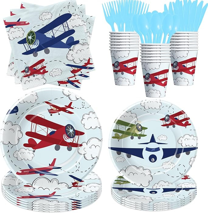Airplane Party Decorations Tableware Boy for Birthday Baby Shower - Disposable Aviation Theme Air... | Amazon (US)