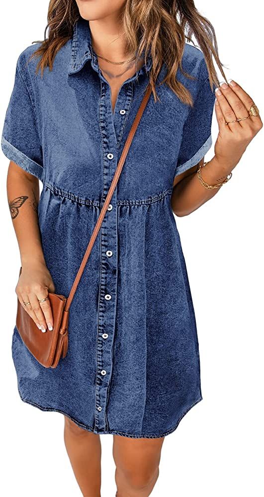 luvamia Women's Casual Short Sleeve Button Down Tiered Denim Babydoll Jean Dress | Amazon (US)