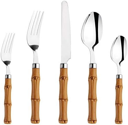 Bamboo Plastic Handle Silverware Set, HF HOFTEN Flatware Set Include Fork Spoon Knife Utensils fo... | Amazon (US)