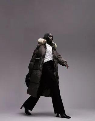 Topshop longline puffer coat in faux fur trim hood in gray | ASOS (Global)