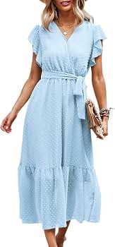 Angashion Women’s Dresses Short Sleeve Wrap V Neck Ruffle Floral Printed Midi Dress with Belt | Amazon (US)