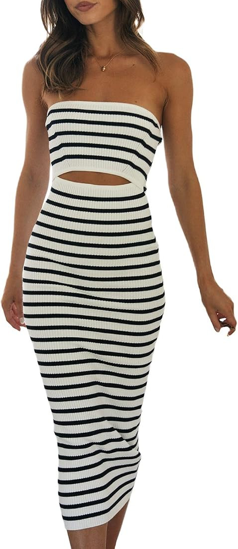 Women's Strapless Knit Maxi Dress Y2k Sundress Hollow Out Sexy Backless Tube Top Long Bodycon Kni... | Amazon (US)