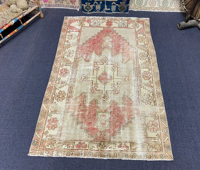 3x5 Vintage Rug Oushak Rug Anatolian Turkish Rug Hand-made Faded Wool Antique Natural Rug Medium ... | Etsy (US)