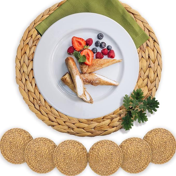 Woven Placemats Large Round Natural Wicker Placemats for Dining Table Water Hyacinth Straw Braide... | Amazon (US)