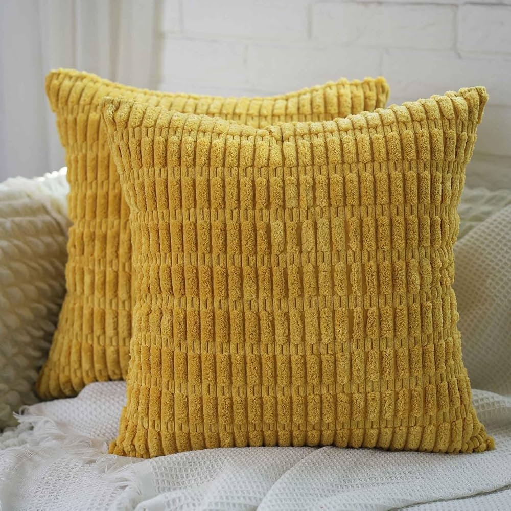 Cyuripu Set of 2 Corduroy Boho Mustard Yellow Throw Pillow Covers 18 x 18 Inch Decorative Striped... | Amazon (US)