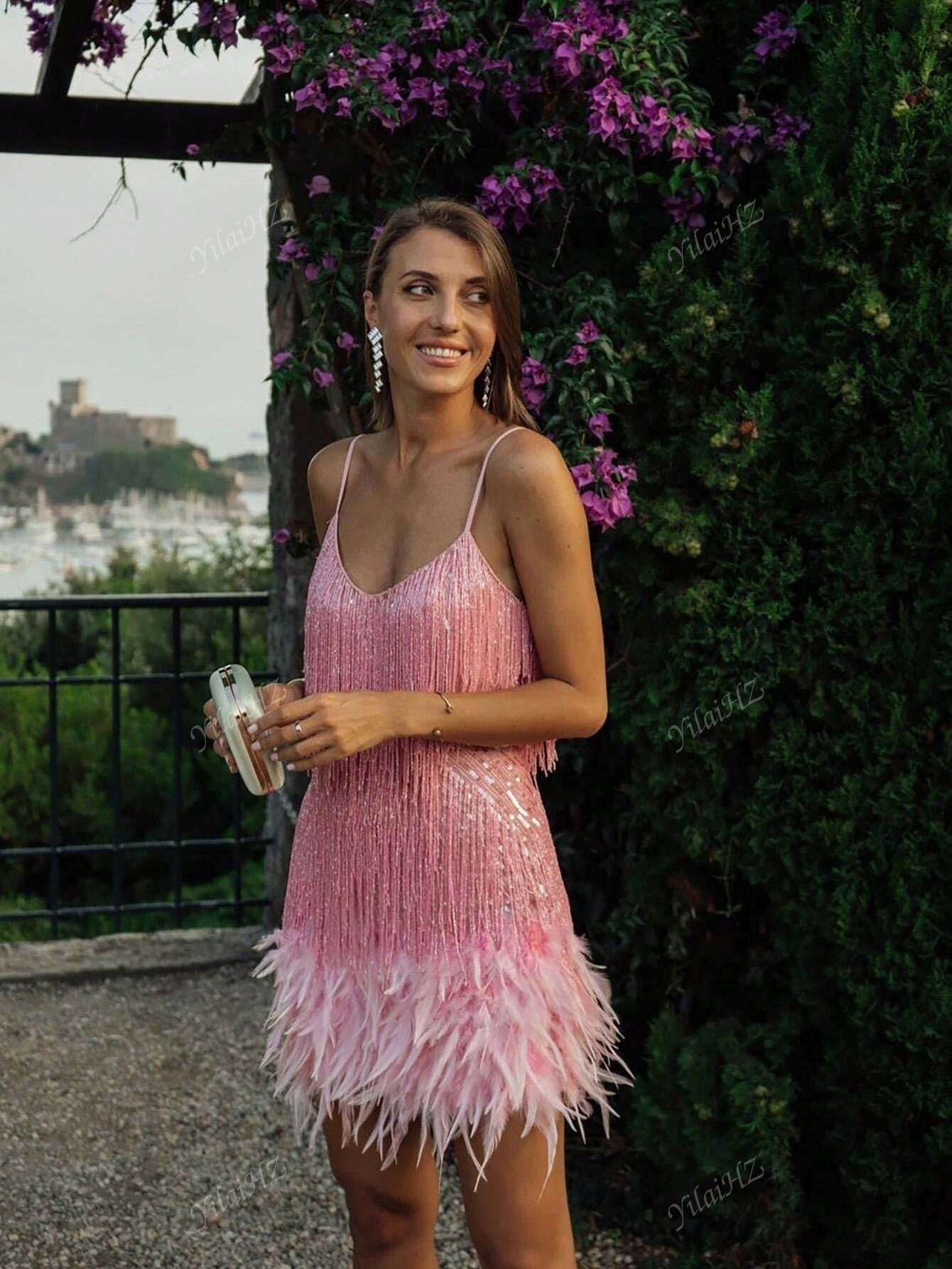 2024 Fashionable Fringe Sequin Multi-Color Birthday Party Sexy V-Neck Spaghetti Strap Faux Feathe... | SHEIN