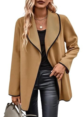utcoco Women's Lapel Wool Blend Coats Color Block Trim Trench Coat Peacoat Casual Open Front Coatigans (X-Large, Camel) | Amazon (US)