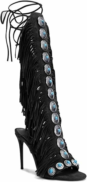 Gladiator Sandals for Women, Knee High Fringe Heels Sandals | Amazon (US)