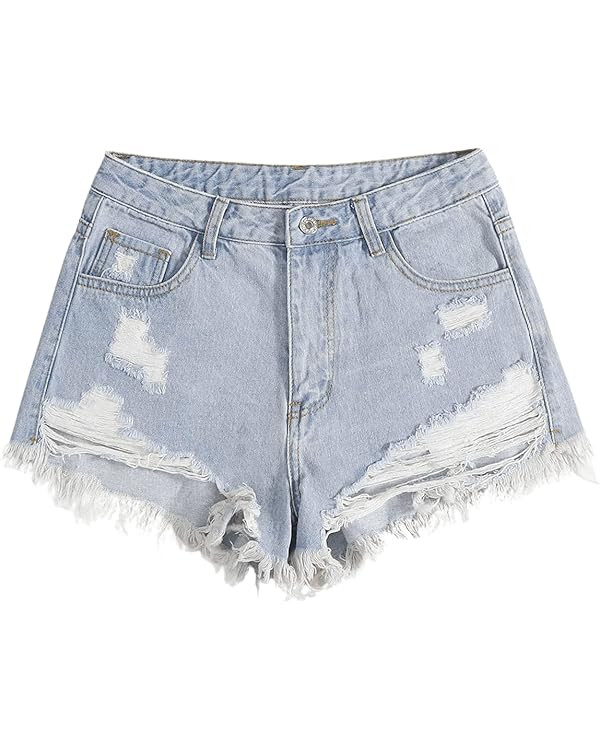 SweatyRocks Women's High Rise Zip Up Ripped Raw Hem Denim Jean Shorts with Pocket | Amazon (US)
