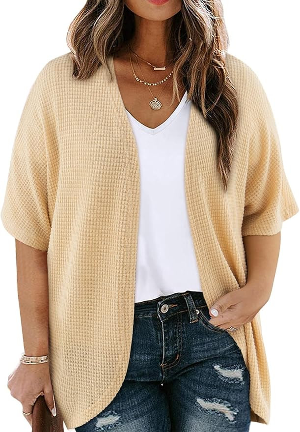 Eytino Womens Plus Size Cardigan Casual Short Sleeve Waffle Knit Kimono Open Front Tops(1X-5X) | Amazon (US)