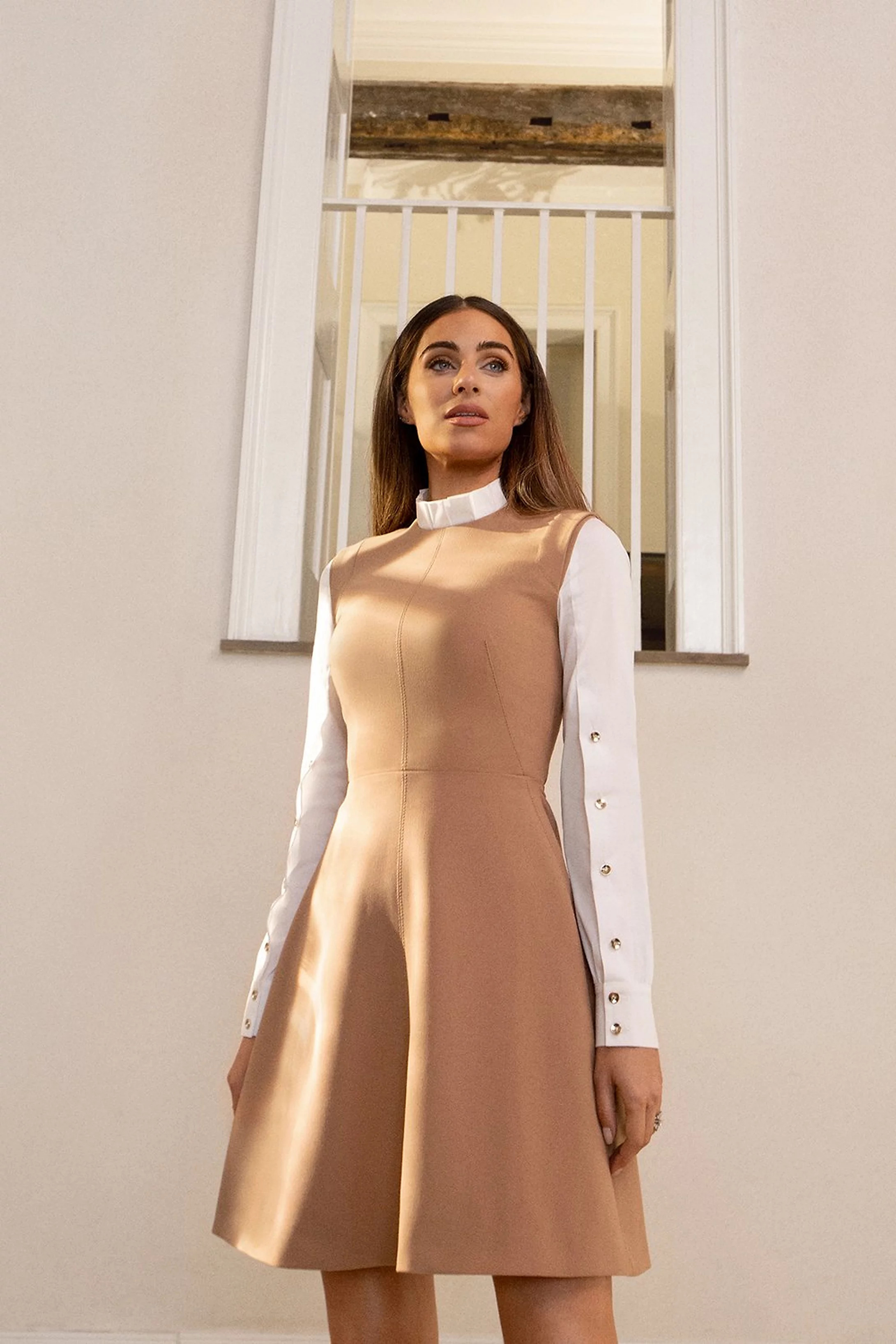 Compact Stretch Contrast Sleeve A Line Dress | Karen Millen UK & IE