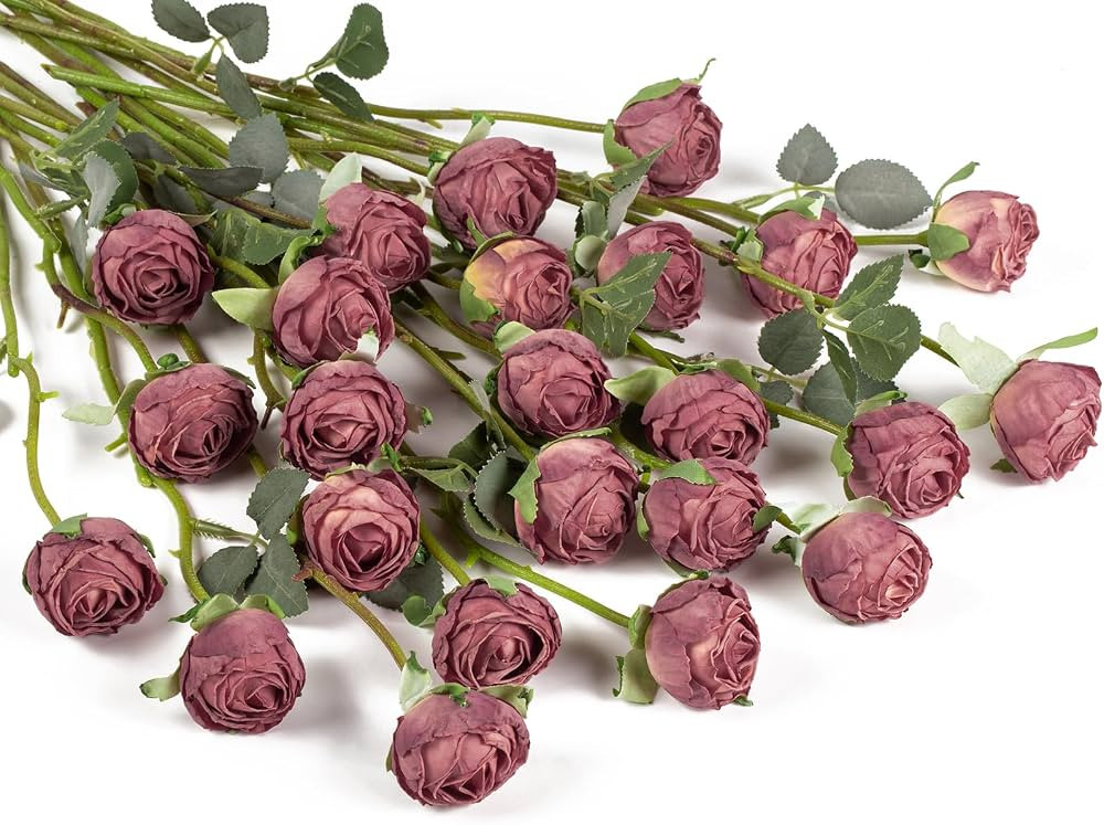 DuHouse 24 rosas artificiales vintage de seda con tallo, ramos de rosas falsas para arreglos de b... | Amazon (US)
