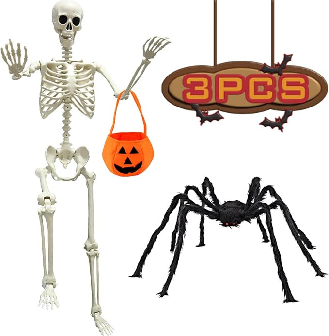 5.4ft/165cm Halloween Skeleton, Halloween Life Size Skeleton with Spider Pumpkin Bag, Full Body H... | Amazon (US)