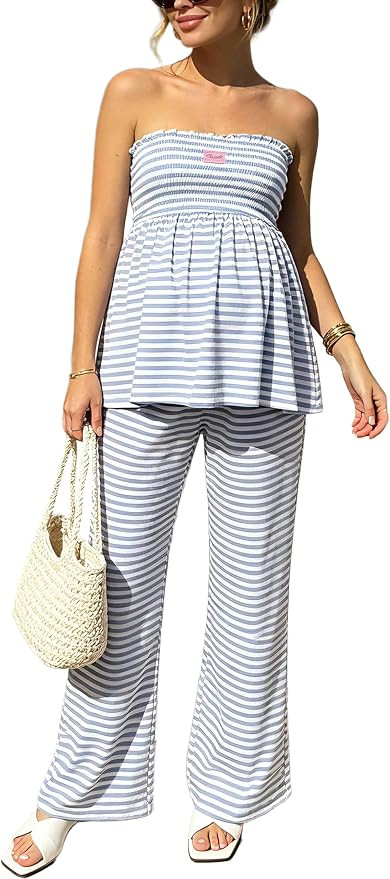 Women's Cute Maternity Two Piece Striped Matching Lounge Set Tube Top And Wide Leg Pants Summer O... | Amazon (US)