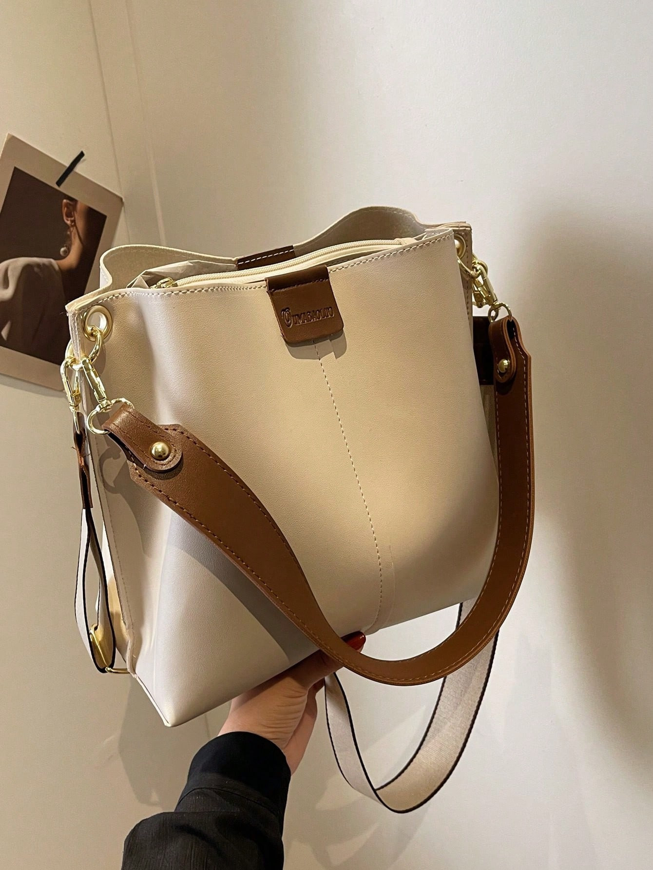 Color Block Bucket Bag, Multi-Compartment Shoulder Bag With Wide Adjustable Strap | SHEIN
