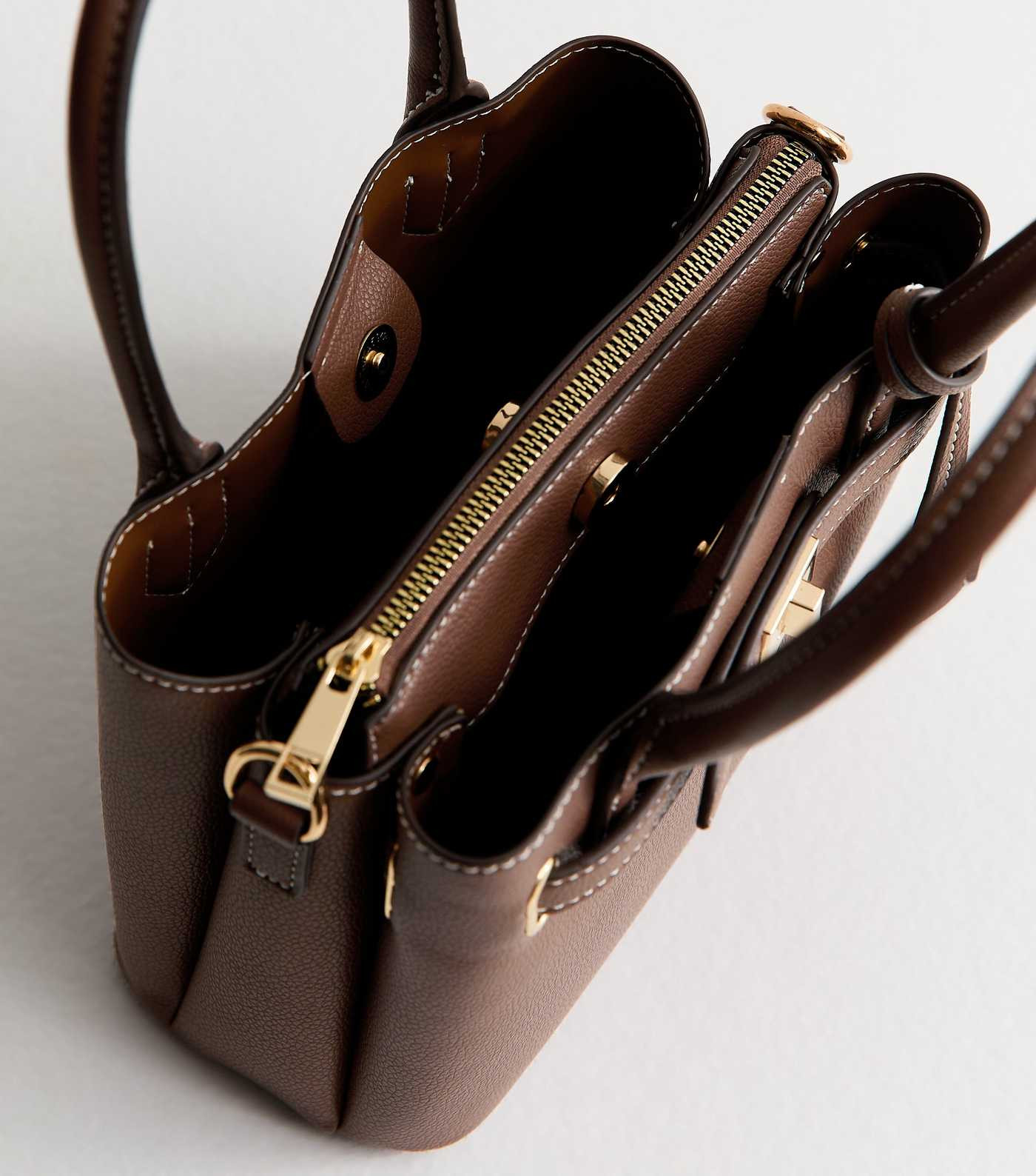 Dark Brown Faux Leather Mini Triple Compartment Tote Bag | New Look | New Look (UK)