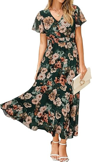 Simplee Womens Floral Maxi Dress Short Sleeve Summer Boho Wedding Guest Dress Empire Waist Chiffo... | Amazon (US)
