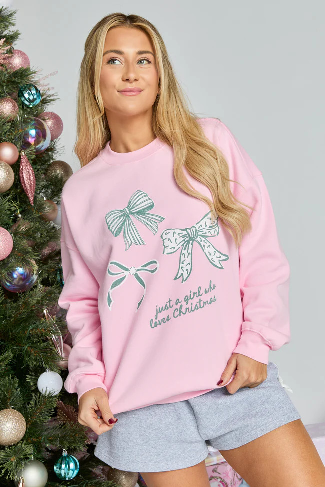 Just A Girl Who Loves Christmas Light Pink Graphic Sweatshirt | Pink Lily