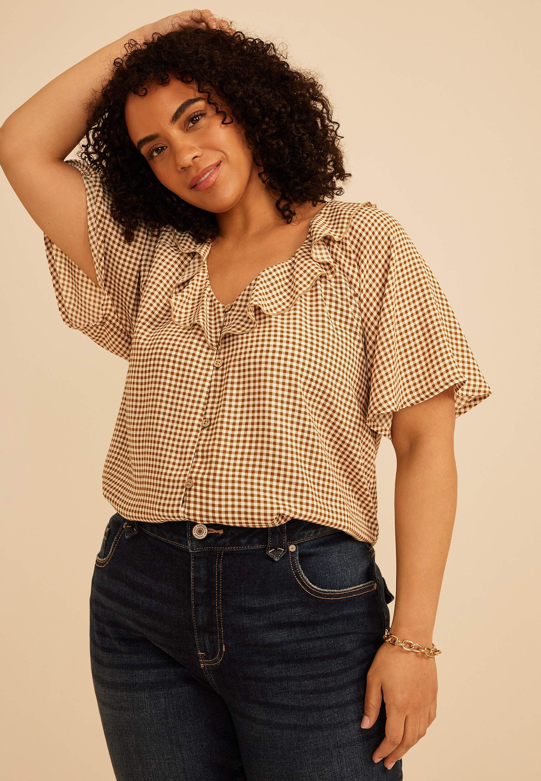 Maurices Plus Size Women's Gingham Ruffle Button Front Blouse | Maurices