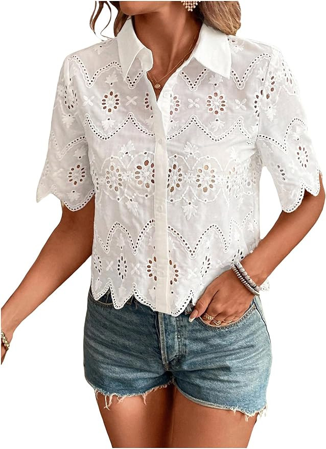 SweatyRocks Women's Short Sleeve Button Down Collared Blouses Embroidery Eyelet Top | Amazon (US)