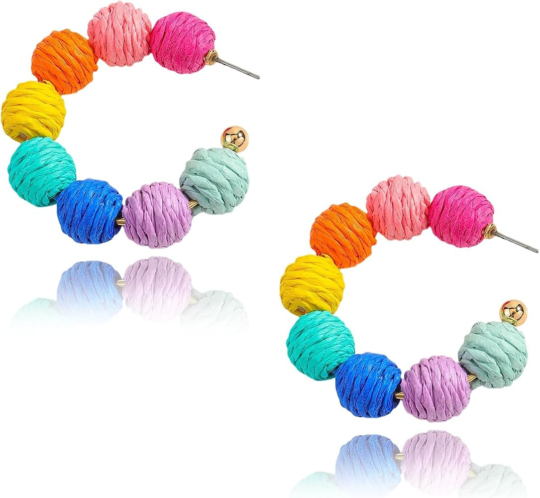 Raffia Earrings for Women, Handwoven Boho Rattan Shell Floral Ball Hoop Dangle Drop Earrings Ligh... | Amazon (US)