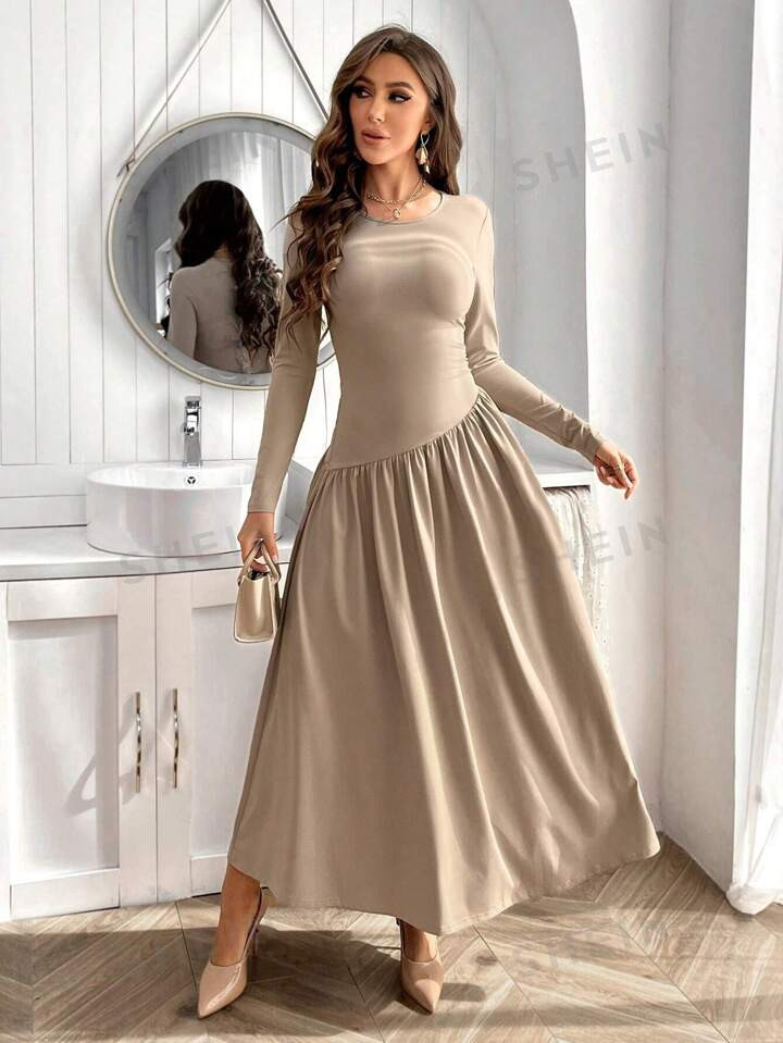 SHEIN Privé Plus Size Casual Comfy Daily Simple A-Line Slip-On Long Sleeve Loose Fit Khaki Dress... | SHEIN