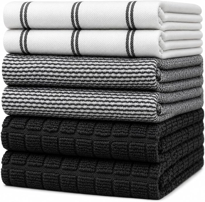 Premium Kitchen Towels 6 Pack 100% Cotton 20"x28" Dish Towels Black Check | Amazon (US)