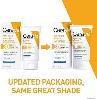 CeraVe Hydrating Mineral Sunscreen SPF 30 with Sheer Tint, Tinted Mineral Sunscreen with Zinc Oxi... | Amazon (US)