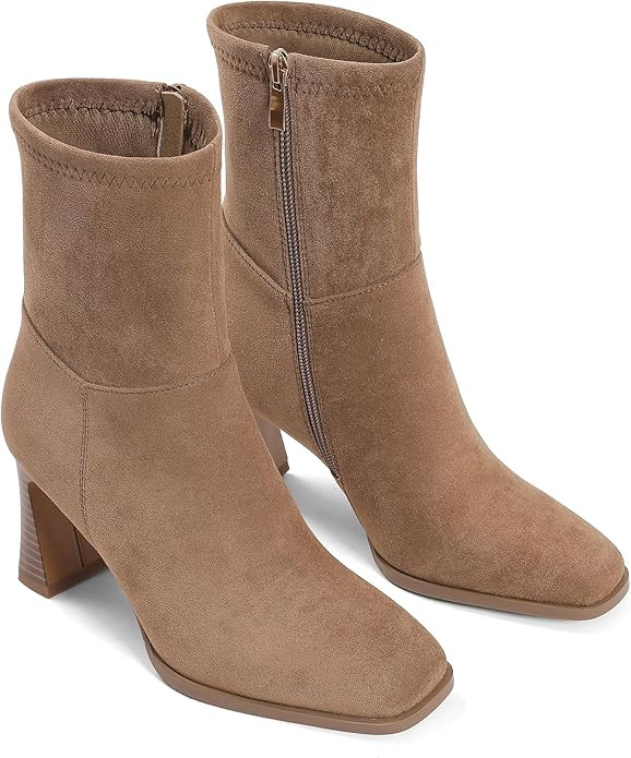 Ankle Boots For Women Square toe Short Booties Chunky Heel Booties Dress Fall Boots Side Zip Low ... | Amazon (US)
