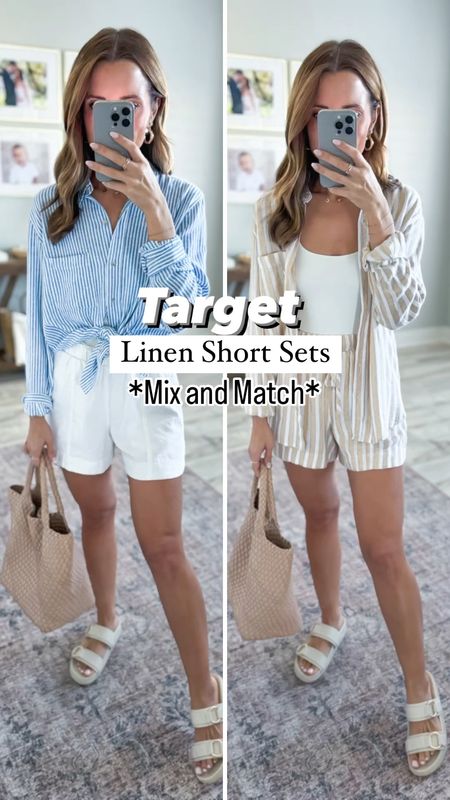 Target linen short sets - mix and match! Wearing XS. Resort wear. Vacation outfits. Spring outfits. Cruise outfits. Swimsuit coverup. Europe outfit. $20 linen shorts. Linen tops. Target slide sandals are TTS. Amazon Braided tote is a look for less! 

#LTKshoecrush #LTKwedding #LTKtravel