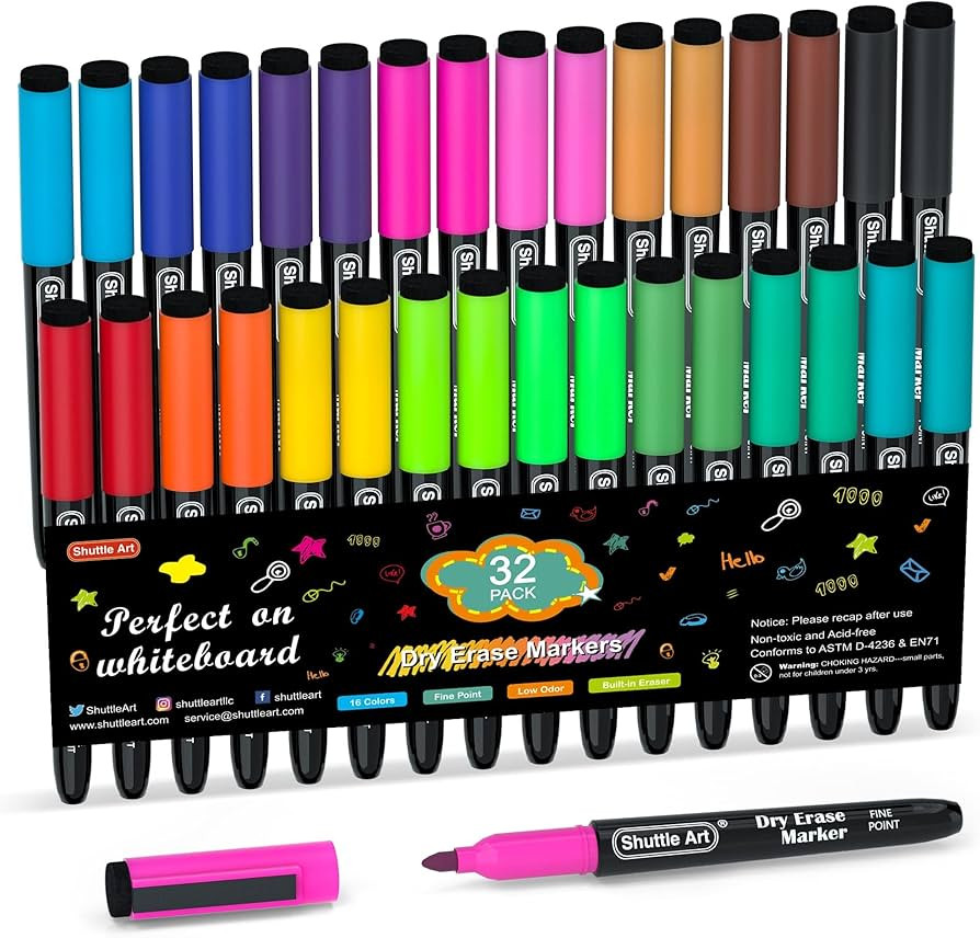 Shuttle Art Dry Erase Markers, 32 Pack 16 Colors Magnetic Whiteboard Markers with Erase, Fine Poi... | Amazon (US)