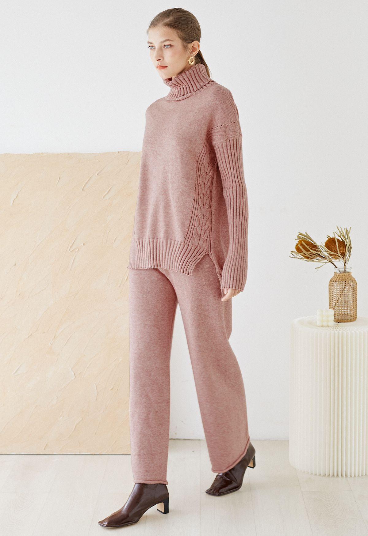 Turtleneck Hi-Lo Sweater and Knit Pants Set in Pink | Chicwish