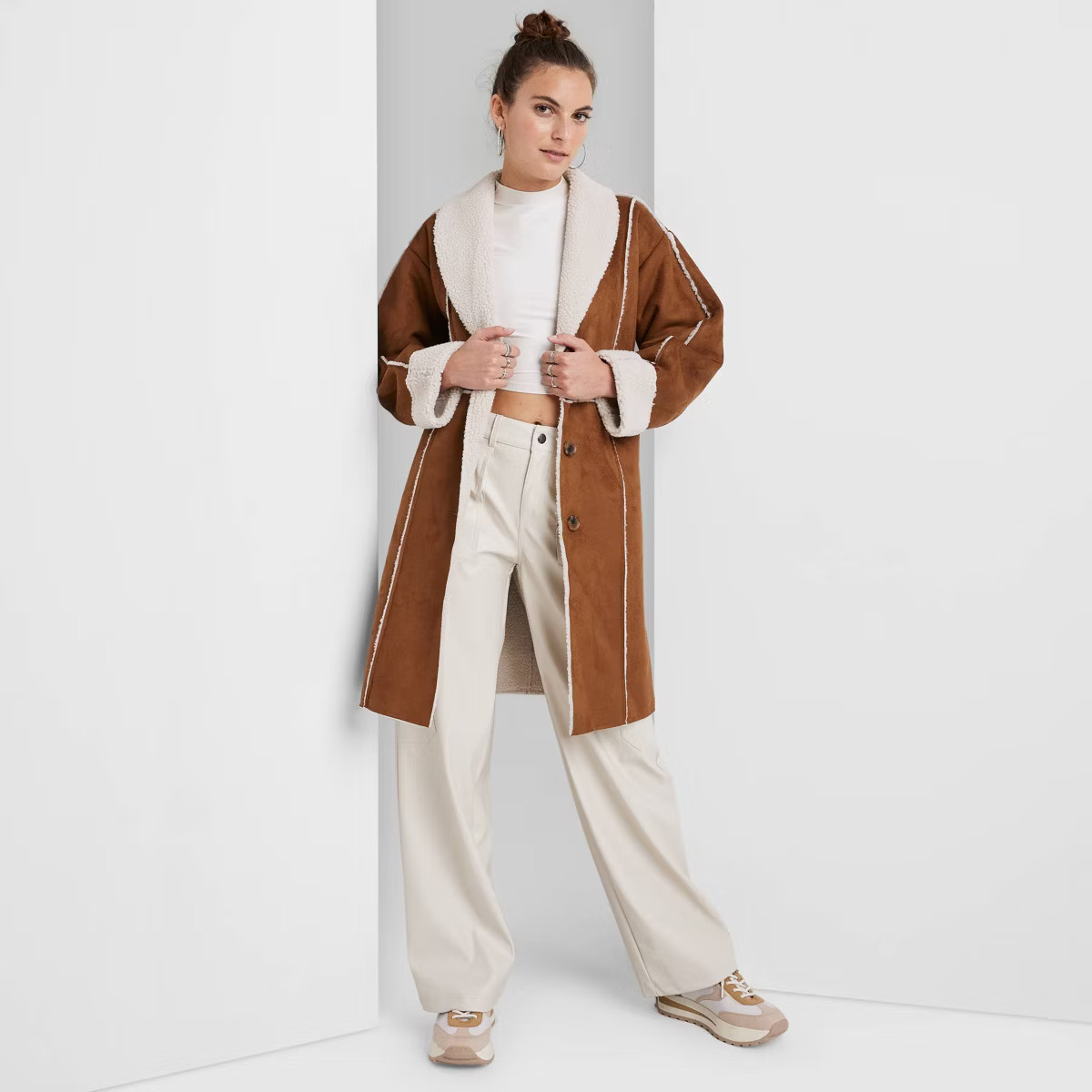 Women's Faux Shearling Long Coat - Wild Fable™ Brown | Target